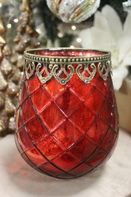 Červený sklenený svietnik s ornamentom 18cm