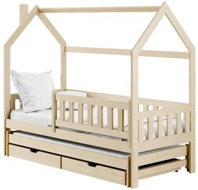 Detská domčeková posteľ s prístelkou a šuplíky MATYLDA - 200x90 cm - prírodná borovica