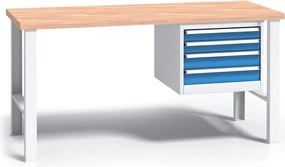 Pracovný stôl do dielne G3 so závesným boxom na náradie, buková škárovka, 4 zásuvky, pevné kovové nohy, 1500 mm, modrá