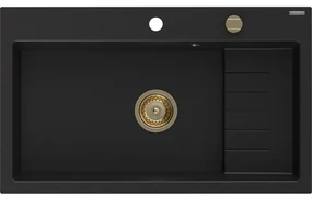 Mexen Omar, 1-komorový granitový drez 800x480x210 mm, čierna, zlatý sifón, 6520801005-77-G