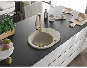 Mexen Kevin, 1-komorový granitový drez 586x458x190 mm a drezová batéria Elia, béžová, 6517-69-670101-50