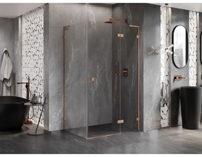 Mexen Lunar, L pravostranný výklopný sprchový kút 75 x 70 cm, 8mm číre sklo, profil medená matná, 834L-075-070-65-00-P