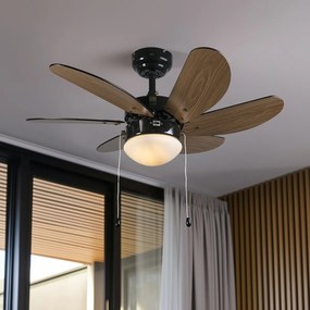 Stropný ventilátor čierny s drevenou potlačou 80 cm so šnúrkou - Fresh