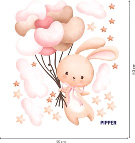 PIPPER. Zajačik s balónmi - ružová - textilná nálepka na stenu