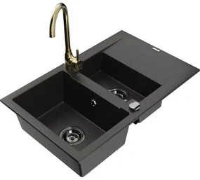 Mexen Gaspar, granitový drez 737x475x177 mm, 1,5-komorový a zlatá batéria Telma, čierna-zlatá metalíza, 6507-75-670200-50-B