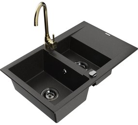 Mexen Gaspar, granitový drez 737x475x177 mm, 1,5-komorový a zlatá batéria Telma, čierna-zlatá metalíza, 6507-75-670200-50-B