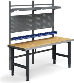Dielenský stôl TRUST, panel na náradie, plastové boxy, police, 2000x760 mm, povrch z dubového dreva
