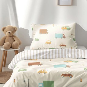 Goldea detské bavlnené obliečky - svet autíčok s latte prúžkami 140 x 200 a 70 x 90 cm