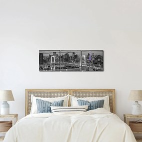 Obraz - Veľkomesto s fialovou vežou (s hodinami) (90x30 cm)