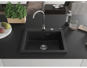 Mexen Eliz, 1-komorový granitový drez 600 x 500 mm, čierna/strieborná metalíza, chrómový sifón - 6525601005-73