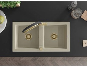 Mexen Mario, granitový drez 820x436x161 mm, 2-komorový a drezová batéria Duo, béžová, 6504-69-671701-57-G