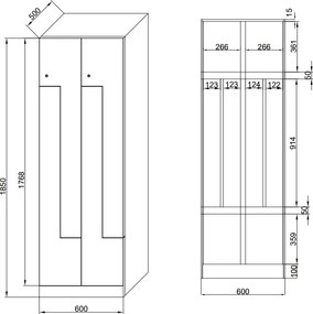 Kovová šatníková skrinka S1 Z, 4 oddiely, 1850 x 600 x 500 mm, mechanický kódový zámok, laminované dvere, biela