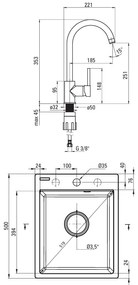 Deante Corio, granitový 1-komorový drez 500x400x211mm + čierna drezová batéria, šedá metalíza, DEA-ZRCBS103
