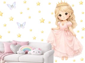Rozprávková princezná textilní prelepiteľná nálepka na stenu hárok 28 x 46 cm