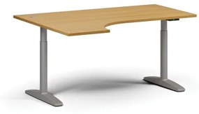 Výškovo nastaviteľný stôl OBOL, elektrický, 675-1325 mm, rohový ľavý, doska 1600x1200 mm, sivá zaoblená podnož, buk