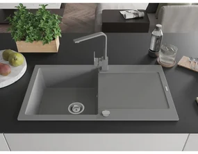 Mexen Leo, drez granitový 900x500x190 mm, 1-komorový, šedý s chrómovým sifónom a šedá drezová batéria Rita, 6501-71-670300-71