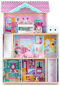 Ricokids Drevený domček pre bábiky veľký 3-poschodový s výťahom a LED osvetlením