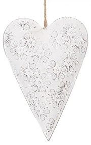 Biele antik plechové ozdobné závesné srdce s kvetmi M - 15*2*10 cm