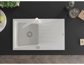 Mexen Cesar, granitový drez 775x470x190 mm, 1-komorový, biela s chrómovým sifónom a biela drezová batéria Rita, 6514-20-670300-20