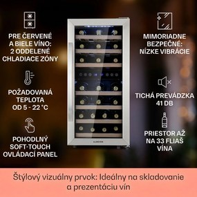 Klarstein Vinamour 33 Duo, vinotéka, 89 l, 33 fliaš, 2 zóny, 5-18°C, dotykové ovládanie