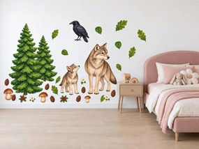 Vlk s vlčaťom medzi smrekmi maľované lesné nálepky na stenu pre deti hárok 46 x 34 cm