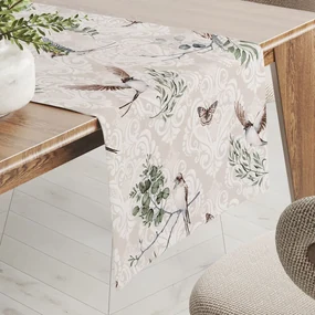Biante Bavlnený behúň na stôl Sandra SA-490 Lastovičky s motýlikmi na béžovom ornamente 45x120 cm