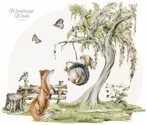 Gario Detská nálepka na stenu Woodland walk - líška a zajačik na hojdačke Rozmery: 110 x 93 cm