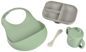 Jedálenská sada silikónová 4-dielna s podbradníkom Grey / Sage Green