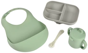 Jedálenská sada silikónová 4-dielna s podbradníkom Grey / Sage Green