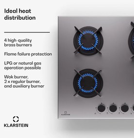 Klarstein Goldflame 4, plynová varná doska, 4 horáky, sebestačná, zemný plyn/propán, nehrdzavejúca oceľ