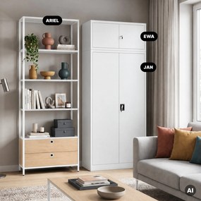 Regál so zásuvkami do kancelárie, na šanóny a dokumenty, otvorené police, kovový, biely/dub sonoma, 800x2200x400 mm: ARIEL Eco Design