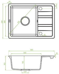 Laveo Stella, 1-komorový granitový drez 580x440x163 mm s krátkym odkvapávačom, čierna, LAV-SBY_713T