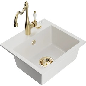 Mexen Milo, granitový drez 435x410x171 mm, 1-komorový a drezová batéria Carla, biela, 6505-20-670700-50