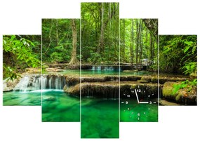 Gario Obraz s hodinami Vodopád Erawan v Thajsku - 5 dielny Rozmery: 150 x 70 cm