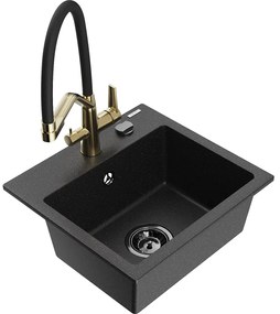 Mexen Milo, granitový drez 435x410x171 mm, 1-komorový a drezová batéria Duo, čierna-strieborná metalíza, 6505-73-671701-57-B