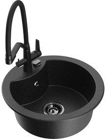 Mexen Diego, 1-komorový granitový drez 488x488x167 mm a drezová batéria Duo, čierna-strieborná metalíza, 6512-73-671701-70-B