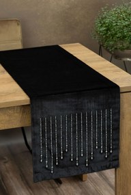 Luxusný zamatový stredový obrus v čiernej farbe s detailom kamienkov