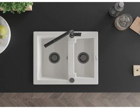 Mexen Carlos, 1,5-komorový granitový drez 582x475x177 mm a drezová batéria Flora, biela, 6518-20-670401-70-B