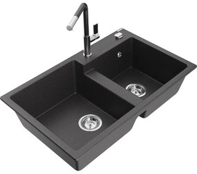 Mexen Tomas, 2-komorový granitový drez 800x500x190 mm a drezová batéria Flora, čierna škvrnitá, 6516-76-670401-08