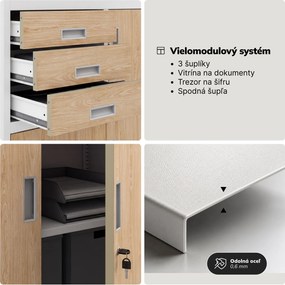 Kovová kancelárska skriňa so sejfom biela, dub sonoma, 900x1850x400 mm: FILIP II Eco Design