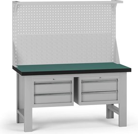Pracovný stôl do dielne G8 s nadstavbou, 1500 x 750 x 800 mm, 2x kontejner, 4 zásuvky, sivá