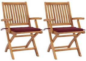 Záhradné stoličky 2 ks vínovo-červené podložky teakový masív 3062415