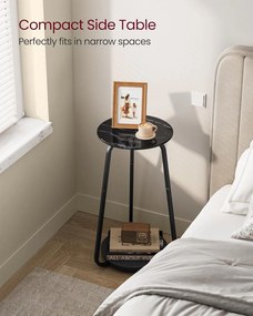 Okrúhly príručný stolík, so sklenenou doskou a poličkou z drevotriesky, mramorová čierna