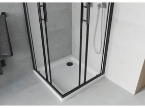 Mexen Rio, štvorcový sprchovací kút s posuvnými dverami 80(dvere) x 80(dvere) x 190 cm, 6mm sklo námraza, čierny profil + biela sprchová vanička SLIM, 860-080-080-70-30-4010B
