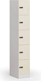 Šatníková skrinka S1 s úložnými boxmi, 5 boxov, 1850 x 300 x 500 mm, mechanický kódový zámok, laminované dvere, breza