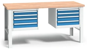 Výškovo nastaviteľný pracovný stôl do dielne WL s 2 závesnými boxami na náradie, buková škárovka, 8 zásuviek, 1700 x 685 x 840 - 1050 mm