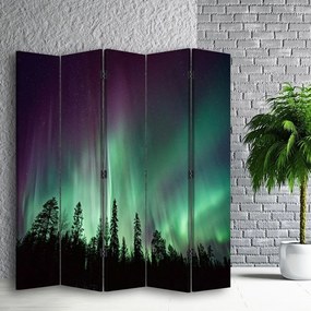 Ozdobný paraván, Aurora nad lesem - 180x170 cm, päťdielny, obojstranný paraván 360°