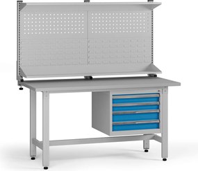 Výškovo nastaviteľný dielenský stôl G5 s nadstavbou, 1500 x 750 x 800-1000 mm, 1x kontajner, 4 zásuvky, modrá