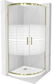 Mexen Rio, štvrťkruhový sprchovací kút s posuvnými dverami 80(dvere) x 80(dvere) x 190 cm, 6mm číre sklo s pásikmi, zlatý profil + biela sprchová vanička SLIM, 863-080-080-50-20-4110G
