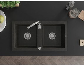 Mexen Mario, 2-komorový granitový drez 820x436x161 mm a chrómová drezová batéria Telma, čierna-zlatá metalíza, 6504-75-670200-00
